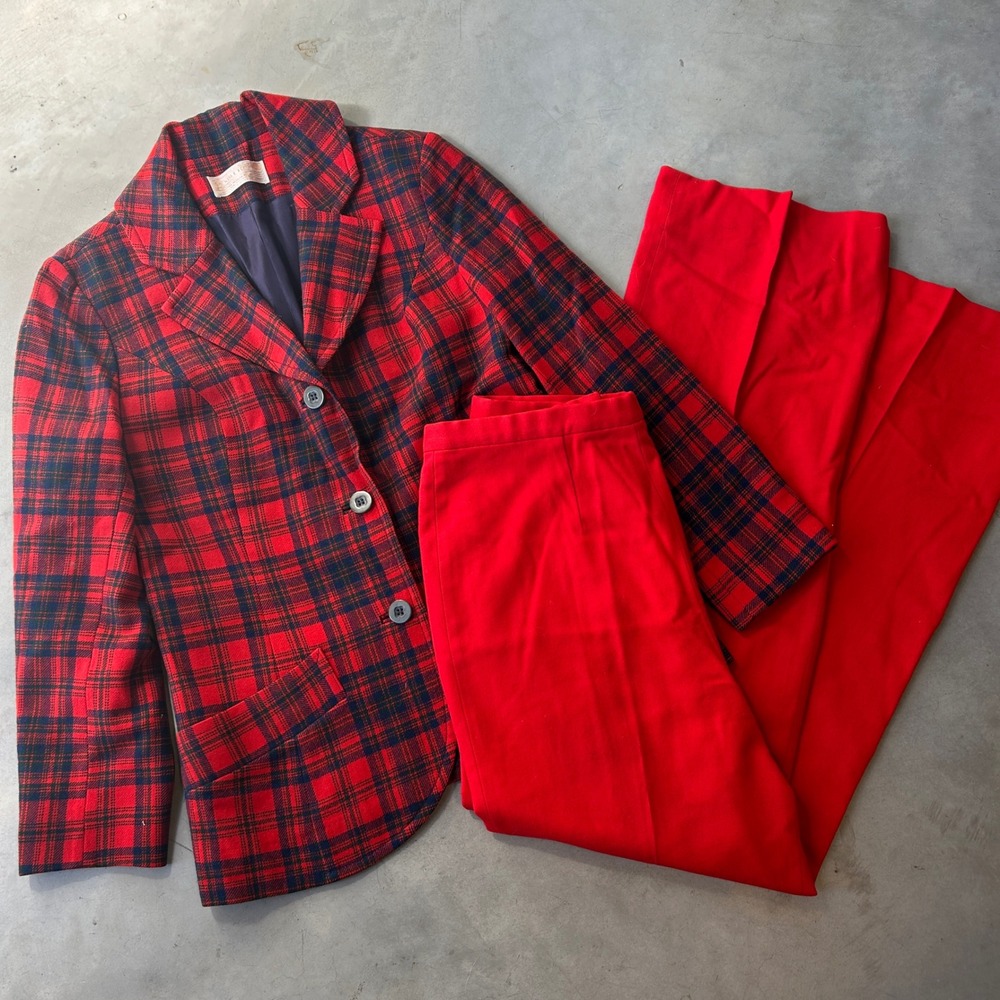 Vintage Pendleton Wool Suit Set Red Plaid Blazer & Wide Leg Pants 2 Piece